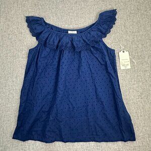 NEW! St Johns Bay Eyelet Blouse Navy Blue Top XS 100% Cotton $37 Round Ruffled N